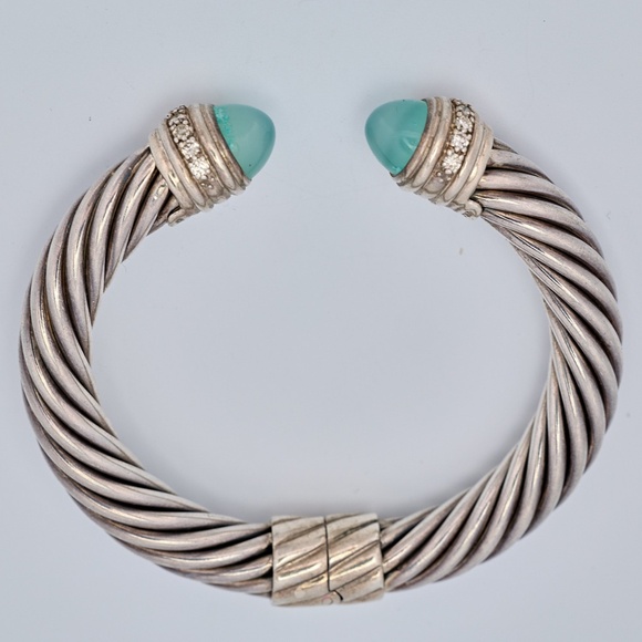 David Yurman Dyed Chalcedony & Diamond Cable Hinged Cuff Bracelet, Sterling Silv - Picture 9 of 12